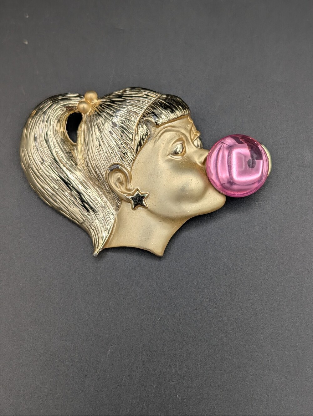 Vintage AJC Gold Tone Bubblegum Blowing Girl Pin 1988 Pink Lucite Bubble Brooch